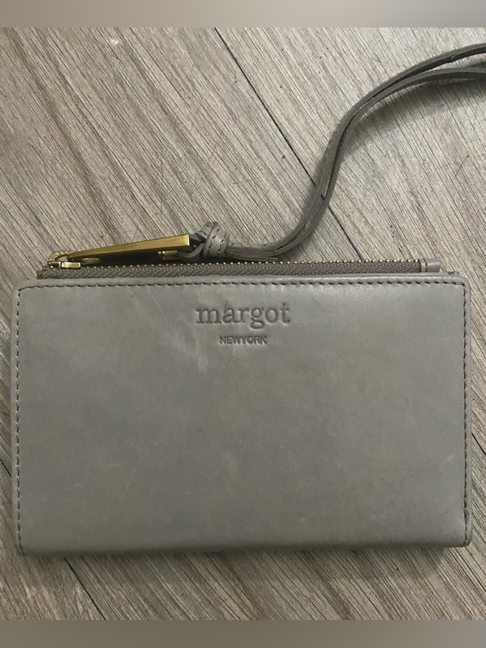 margot Gray Leather Wristlet with Gold Zipper